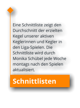 Schnittlisten Eine Schnittliste zeigt den Durchschnitt der erzielten Kegel unserer aktiven Keglerinnen und Kegler in den Liga-Spielen. Die Schnittliste wird durch Monika Schübel jede Woche montags nach den Spielen aktualisiert.